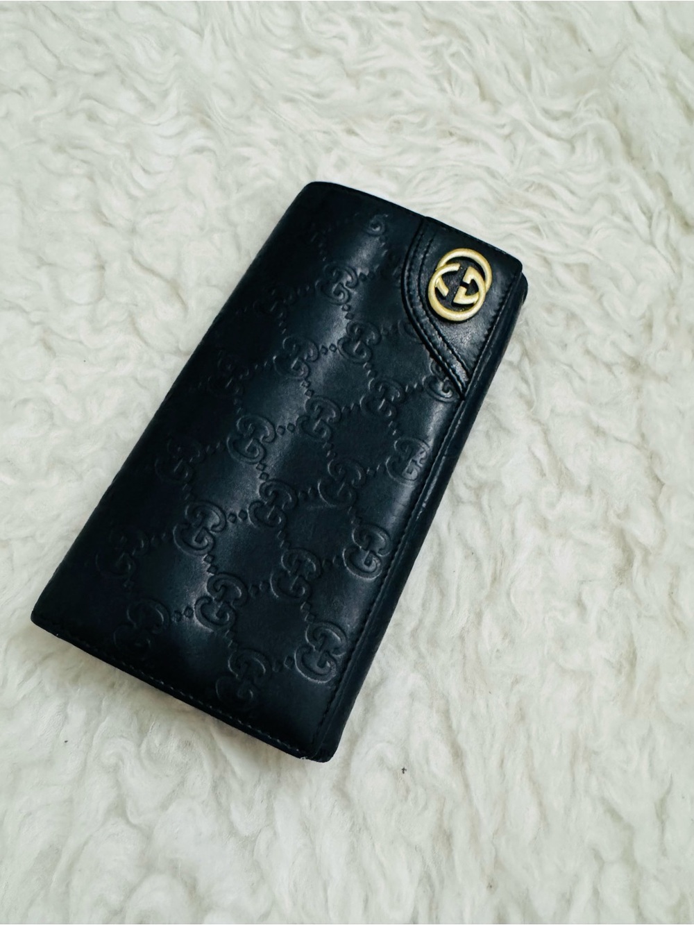Gucci Black Embossed GG Leather Long Wallet with Gold Logo